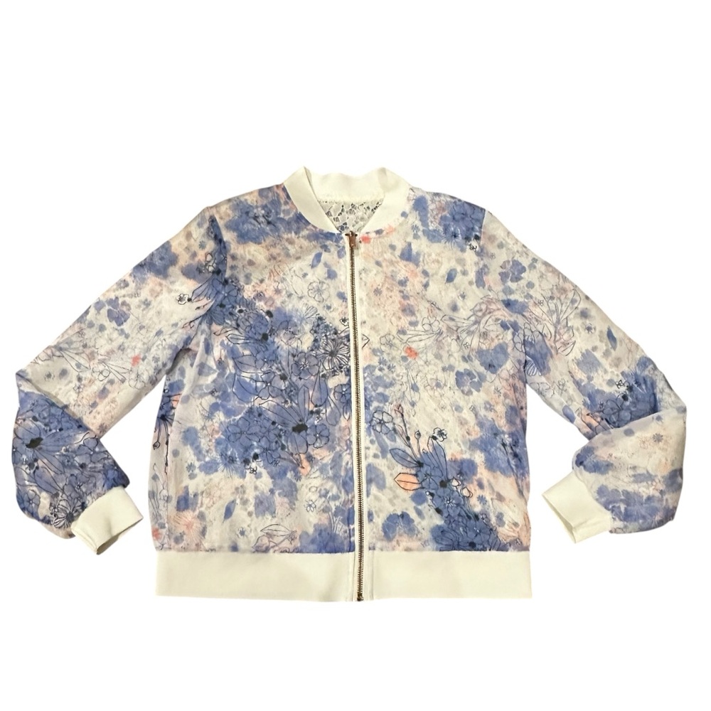 Candies Blue & White Floral Crochet Lace Reversible Bomber Jacket - Size Medium - Picture 6 of 14